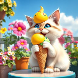 A whimsical scene featuring a cute cat happily eating a colorful ice cream cone