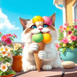 A whimsical scene featuring a cute cat happily eating a colorful ice cream cone