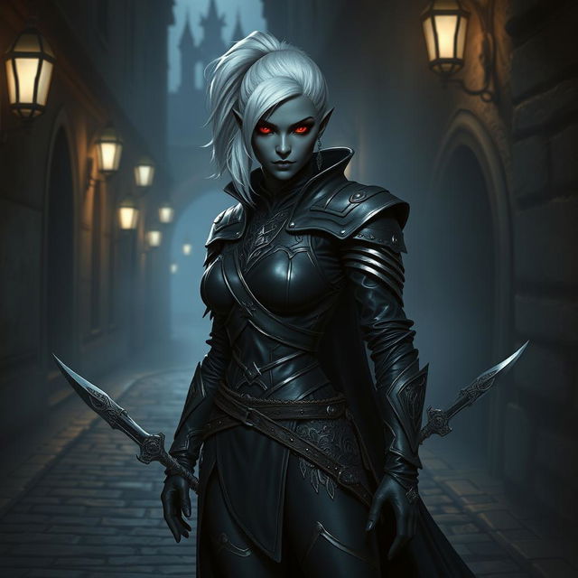 An androgynous drow rogue standing in a shadowy alley, clad in dark, snug-fitting leather armor adorned with silver trim