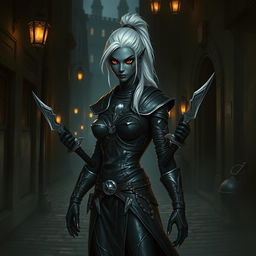 An androgynous drow rogue standing in a shadowy alley, clad in dark, snug-fitting leather armor adorned with silver trim