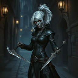 An androgynous drow rogue standing in a shadowy alley, clad in dark, snug-fitting leather armor adorned with silver trim