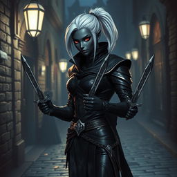 An androgynous drow rogue standing in a shadowy alley, clad in dark, snug-fitting leather armor adorned with silver trim