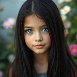 A portrait of a girl with long black hair cascading down her shoulders and vibrant light blue eyes that stand out beautifully