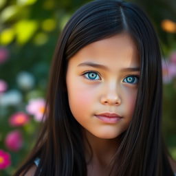 A portrait of a girl with long black hair cascading down her shoulders and vibrant light blue eyes that stand out beautifully