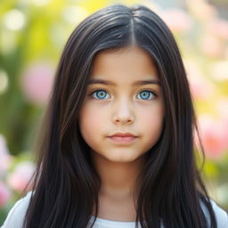 A portrait of a girl with long black hair cascading down her shoulders and vibrant light blue eyes that stand out beautifully