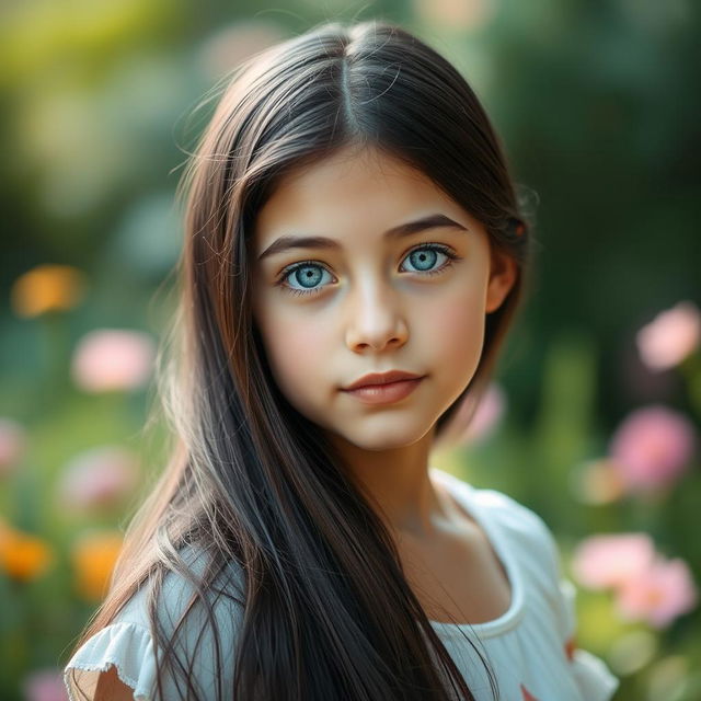 A portrait of a girl with long black hair cascading down her shoulders and vibrant light blue eyes that stand out beautifully