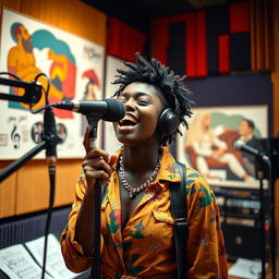 A beautiful dark-skinned singer, aged 28, passionately singing in a vibrant recording studio