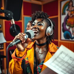 A beautiful dark-skinned singer, aged 28, passionately singing in a vibrant recording studio