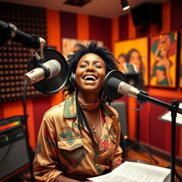A beautiful dark-skinned singer, aged 28, passionately singing in a vibrant recording studio