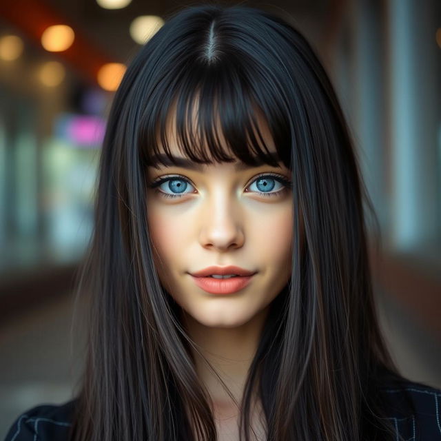 A portrait of a young lady with long black hair styled with trendy bangs framing her face, and striking light blue eyes that captivate the viewer