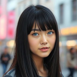 A portrait of a young lady with long black hair styled with trendy bangs framing her face, and striking light blue eyes that captivate the viewer