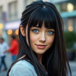 A portrait of a young lady with long black hair styled with trendy bangs framing her face, and striking light blue eyes that captivate the viewer