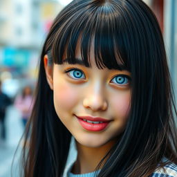 A portrait of a young lady with long black hair styled with trendy bangs framing her face, and striking light blue eyes that captivate the viewer