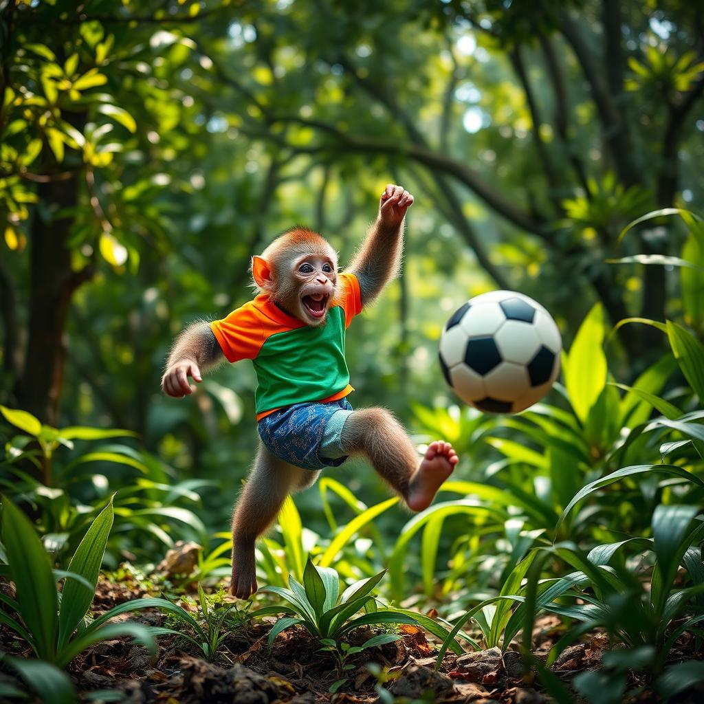 A playful monkey wearing a colorful sports outfit, joyfully playing with a soccer ball in a dense jungle