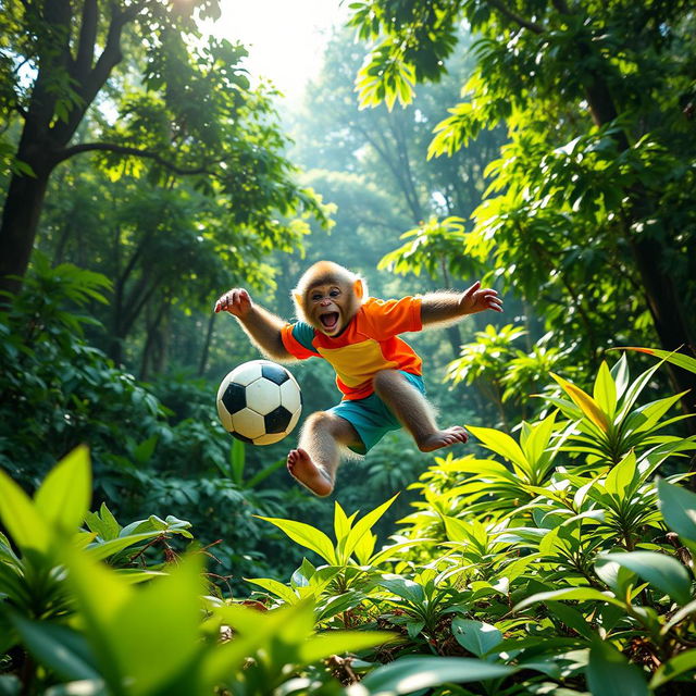 A playful monkey wearing a colorful sports outfit, joyfully playing with a soccer ball in a dense jungle