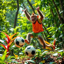 A playful monkey wearing a colorful sports outfit, joyfully playing with a soccer ball in a dense jungle