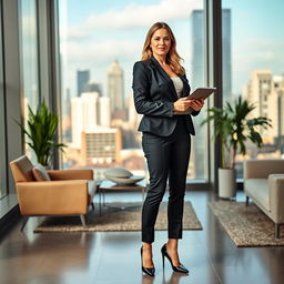 A full-length portrait of Marina Laswick confidently wearing a tailored three-piece men's business suit, featuring fitted trousers and stylish high heels that complement her figure after a recent weight gain