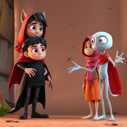 A 3D animated scene featuring a werewolf-like woman with a red cloak and sharp claws standing beside a growling stray dog, whose eyes appear bright and dangerous