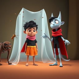 A 3D animated scene featuring a werewolf-like woman with a red cloak and sharp claws standing beside a growling stray dog, whose eyes appear bright and dangerous