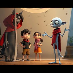 A 3D animated scene featuring a werewolf-like woman with a red cloak and sharp claws standing beside a growling stray dog, whose eyes appear bright and dangerous