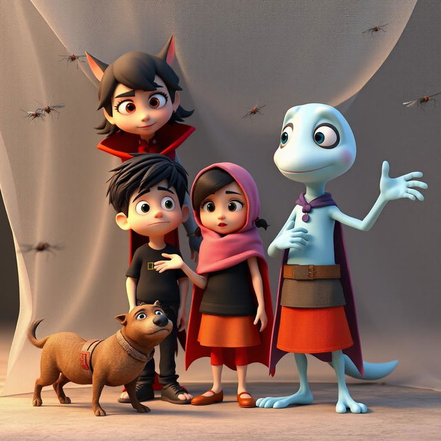 A 3D animated scene featuring a werewolf-like woman with a red cloak and sharp claws standing beside a growling stray dog, whose eyes appear bright and dangerous