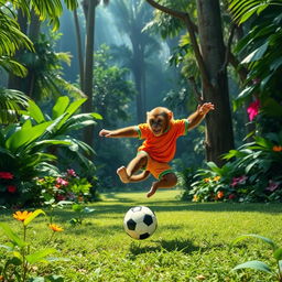A playful monkey dressed in a vibrant sports outfit, energetically playing with a soccer ball in a lush, expansive jungle