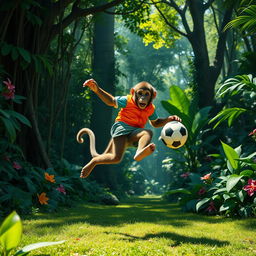 A playful monkey dressed in a vibrant sports outfit, energetically playing with a soccer ball in a lush, expansive jungle