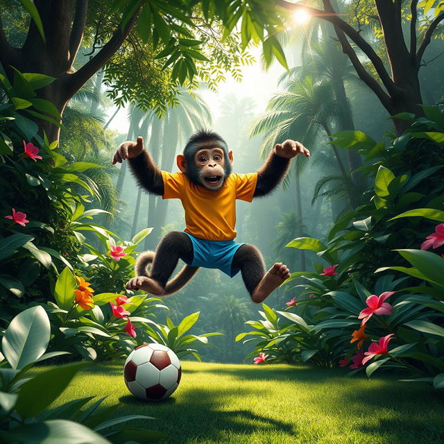 A playful monkey dressed in a vibrant sports outfit, energetically playing with a soccer ball in a lush, expansive jungle