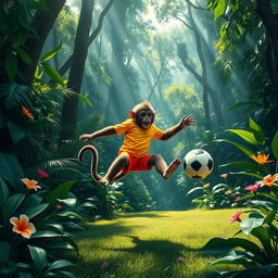 A playful monkey dressed in a vibrant sports outfit, energetically playing with a soccer ball in a lush, expansive jungle