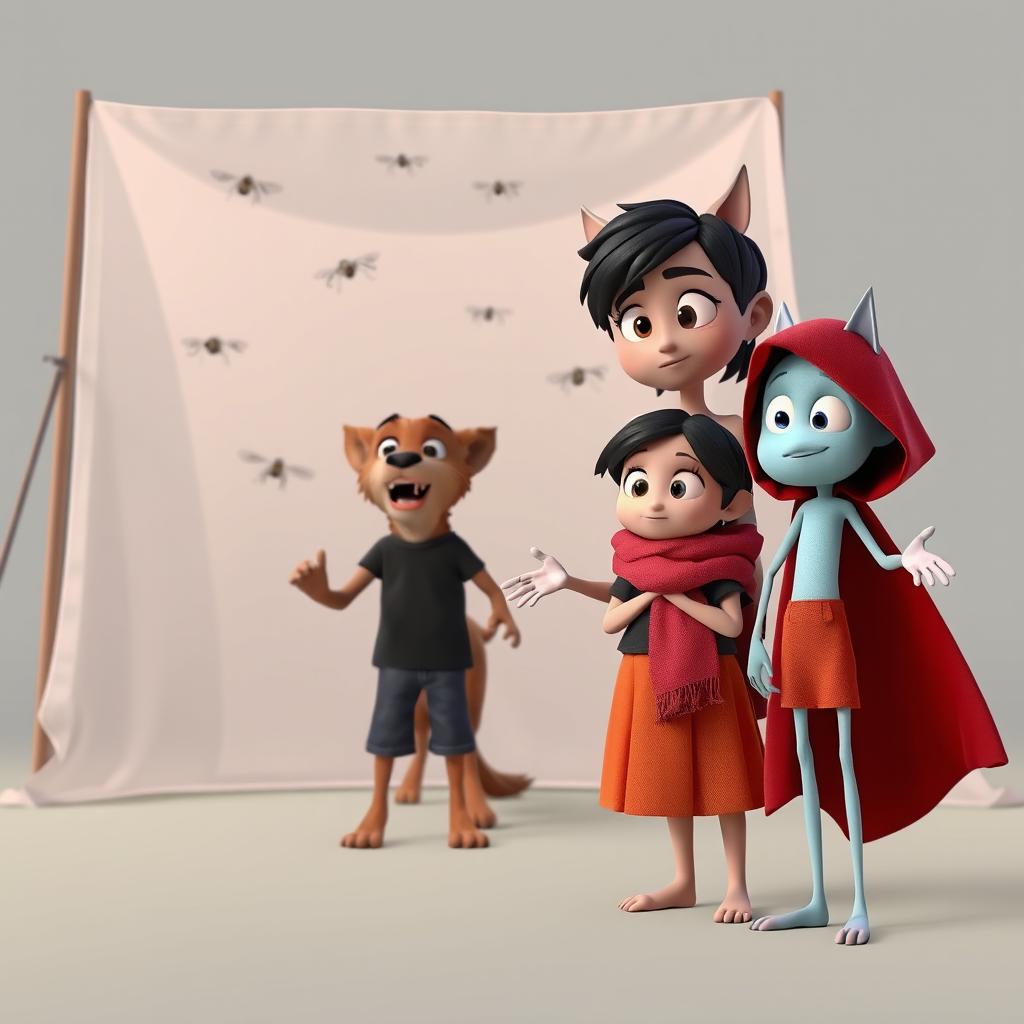 A 3D animated scene featuring a female werewolf character resembling a creature in a red cloak with sharp claws standing next to a growling stray dog with bright, dangerous-looking eyes