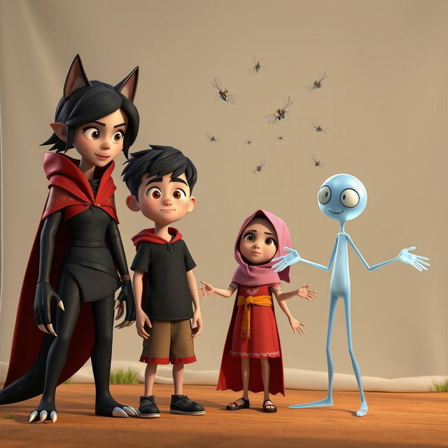 A 3D animated scene featuring a female werewolf character resembling a creature in a red cloak with sharp claws standing next to a growling stray dog with bright, dangerous-looking eyes