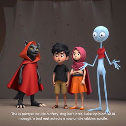 A 3D animated scene featuring a female werewolf character resembling a creature in a red cloak with sharp claws standing next to a growling stray dog with bright, dangerous-looking eyes