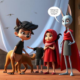 A 3D animated scene featuring a female werewolf character resembling a creature in a red cloak with sharp claws standing next to a growling stray dog with bright, dangerous-looking eyes