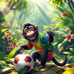 A playful monkey wearing colorful sports attire, joyfully playing with a soccer ball in a vibrant jungle setting