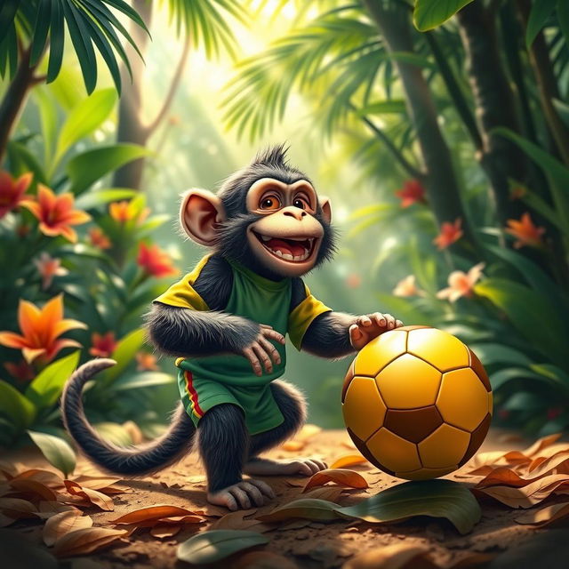 A playful monkey wearing colorful sports attire, joyfully playing with a soccer ball in a vibrant jungle setting