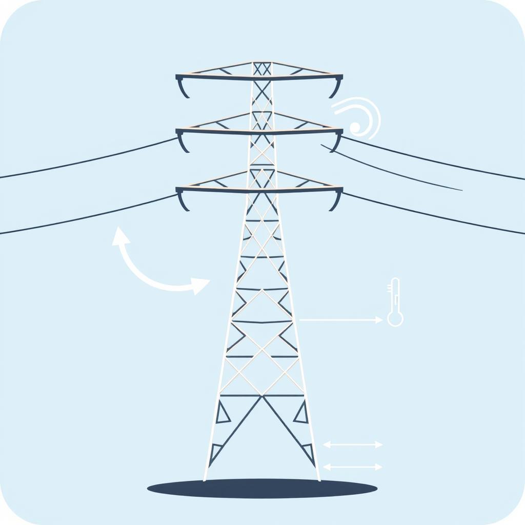 A vector icon designed to visually represent wind, temperature, electric conductor weight, conductor tension, and span length in a transmission line for an academic presentation in a Bachelor of Science in Electrical and Electronics Engineering (EEE)