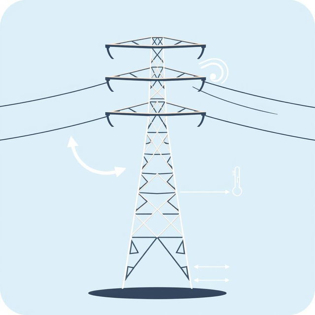 A vector icon designed to visually represent wind, temperature, electric conductor weight, conductor tension, and span length in a transmission line for an academic presentation in a Bachelor of Science in Electrical and Electronics Engineering (EEE)