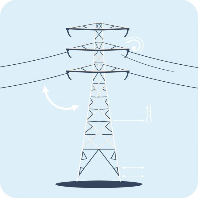 A vector icon designed to visually represent wind, temperature, electric conductor weight, conductor tension, and span length in a transmission line for an academic presentation in a Bachelor of Science in Electrical and Electronics Engineering (EEE)