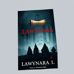 A book cover design titled 'Lawynara 1' by Muhamad Algan, featuring a dark and intricate illustration of five law students on their eerie journey to a village, depicted against a foreboding backdrop
