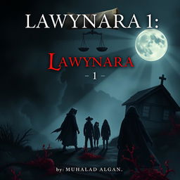 A book cover design titled 'Lawynara 1' by Muhamad Algan, featuring a dark and intricate illustration of five law students on their eerie journey to a village, depicted against a foreboding backdrop