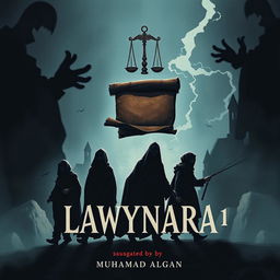 A book cover design titled 'Lawynara 1' by Muhamad Algan, featuring a dark and intricate illustration of five law students on their eerie journey to a village, depicted against a foreboding backdrop