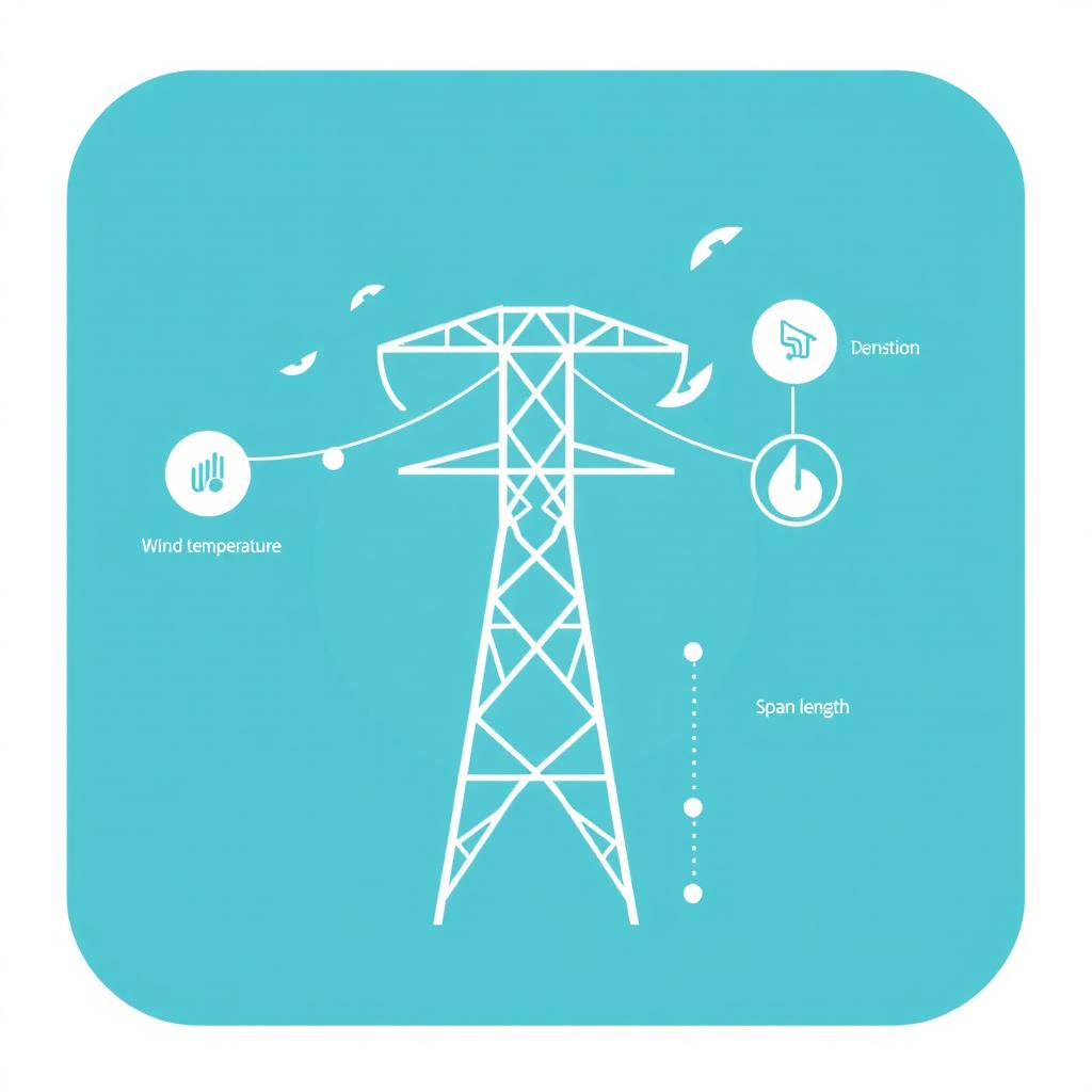 A vector icon designed for an academic presentation in a Bachelor of Science in Electrical and Electronics Engineering (EEE), visually representing wind, temperature, electric conductor weight, conductor tension, and span length in a transmission line