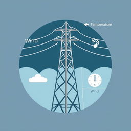 A vector icon designed for an academic presentation in a Bachelor of Science in Electrical and Electronics Engineering (EEE), visually representing wind, temperature, electric conductor weight, conductor tension, and span length in a transmission line