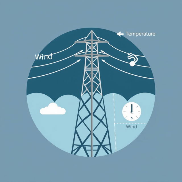 A vector icon designed for an academic presentation in a Bachelor of Science in Electrical and Electronics Engineering (EEE), visually representing wind, temperature, electric conductor weight, conductor tension, and span length in a transmission line