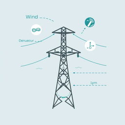 A vector icon designed for an academic presentation in a Bachelor of Science in Electrical and Electronics Engineering (EEE), visually representing wind, temperature, electric conductor weight, conductor tension, and span length in a transmission line