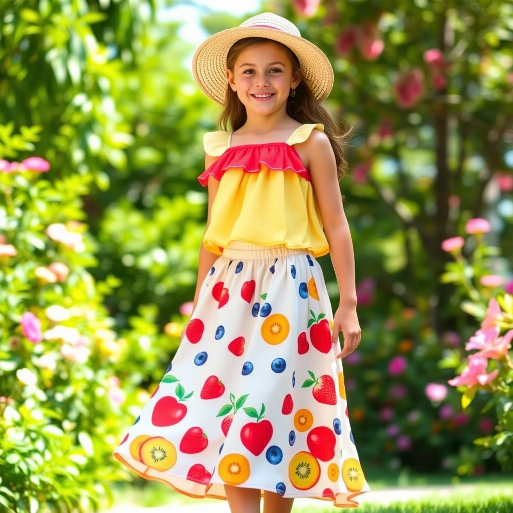 A vibrant summer fashion ensemble featuring a playful top and a flowy skirt inspired by a variety of summer fruits