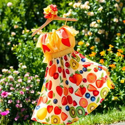 A vibrant summer fashion ensemble featuring a playful top and a flowy skirt inspired by a variety of summer fruits