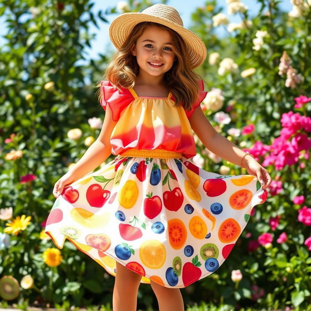 A vibrant summer fashion ensemble featuring a playful top and a flowy skirt inspired by a variety of summer fruits