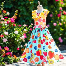 A vibrant summer fashion ensemble featuring a playful top and a flowy skirt inspired by a variety of summer fruits
