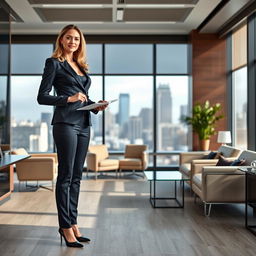 A full-length portrait of Marina Laswick confidently dressed in a tailored three-piece men's business suit, featuring snug trousers that highlight her figure after gaining 30 pounds, paired with chic high heels